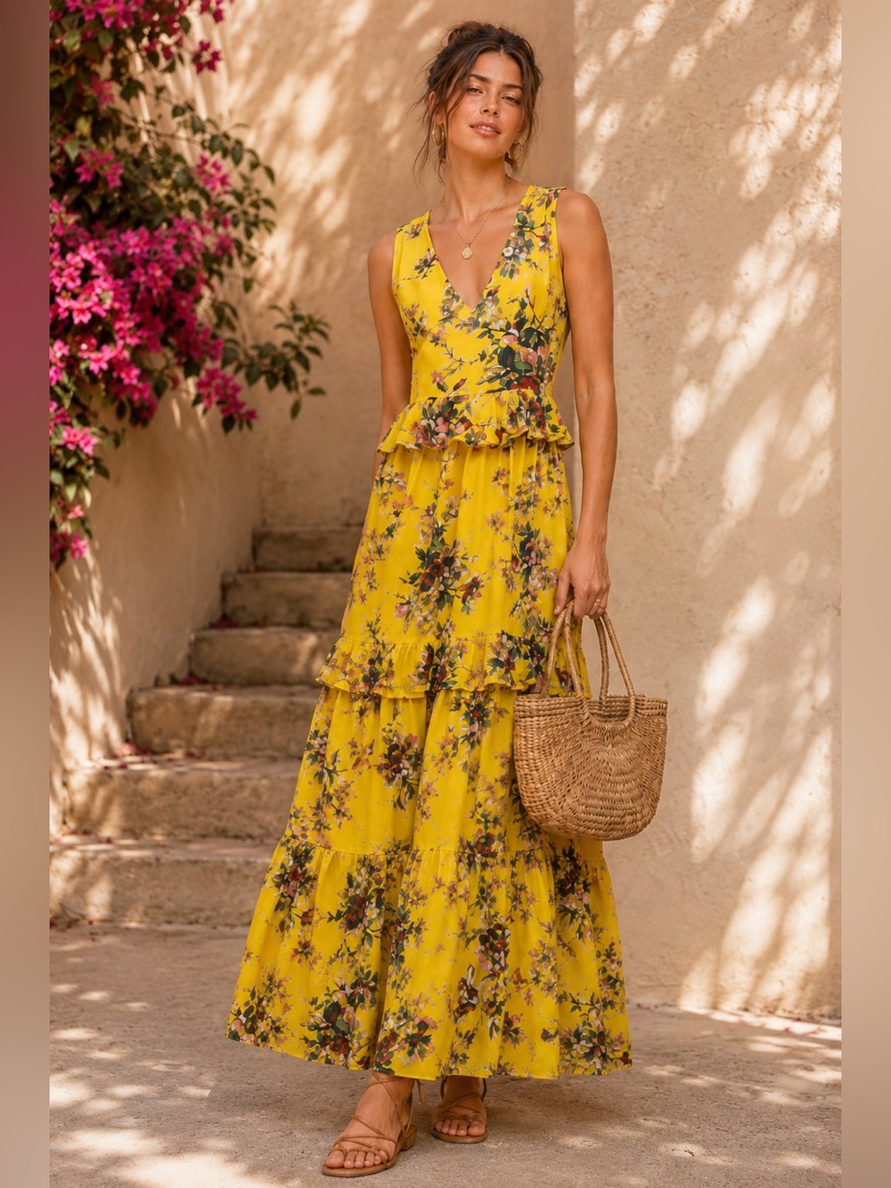 NWOT Surely Mine Bright Yellow Floral Cottagecore Dress Size Medium